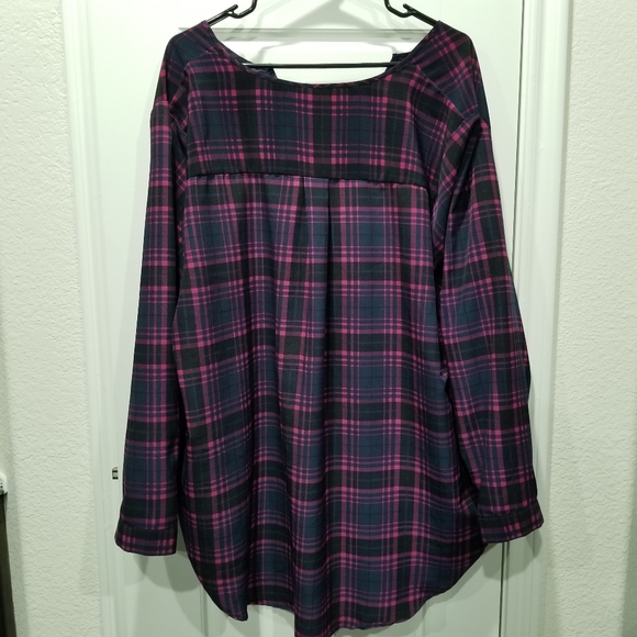 Ava Viv Pink Blue Plaid Tunic V-neck Blouse Women Peasant Top Size 2X - Picture 2 of 7